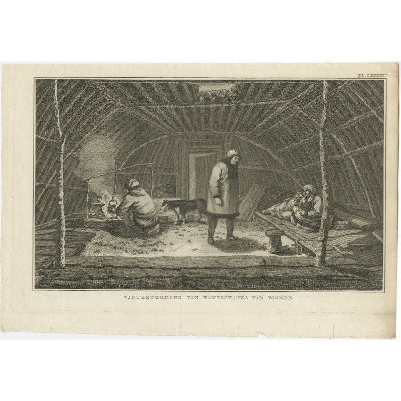 Antique print titled 'Winterwooning van Kamtschatka van binnen'. Antique print depiciting a house interior in Kamchatka, Russia. Originates from 'Reizen Rondom de Waereld door James Cook (..)'. 

Artists and Engravers: Translated by J.D. Pasteur.