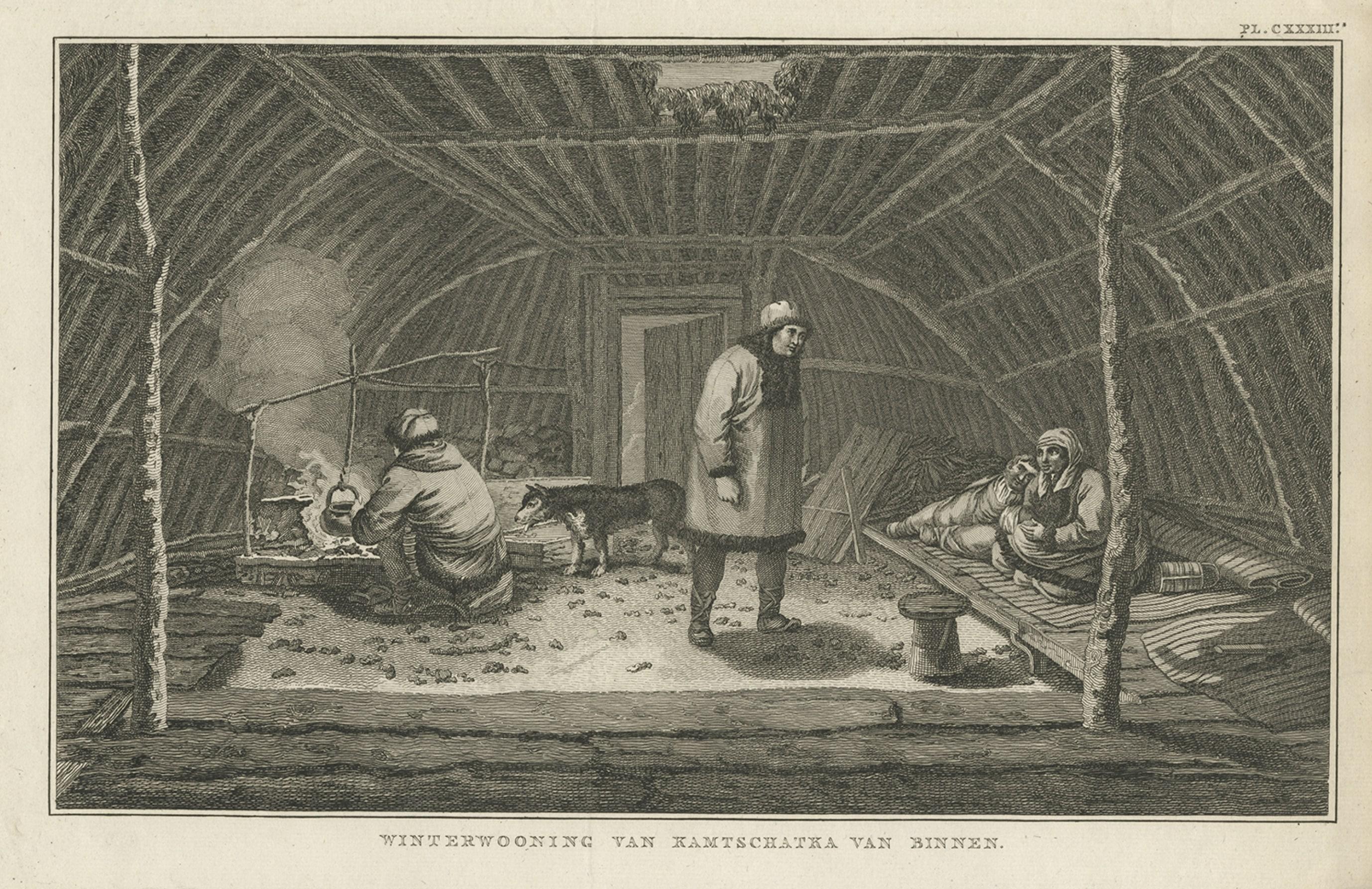 Papier Impression ancienne d'une maison d'hiver à Kamchatka en Russie, par Cook, 1803 en vente