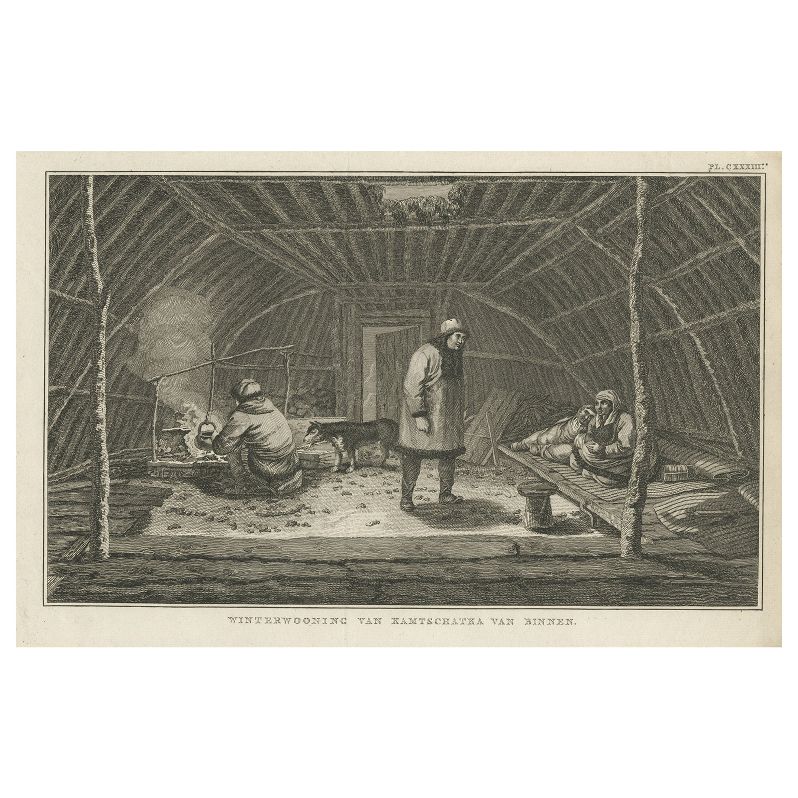 Impression ancienne d'une maison d'hiver à Kamchatka en Russie, par Cook, 1803