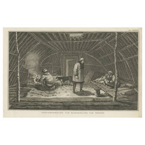 Interior of Winter House, Kamchatka – Cook Voyage Engraving c.1803