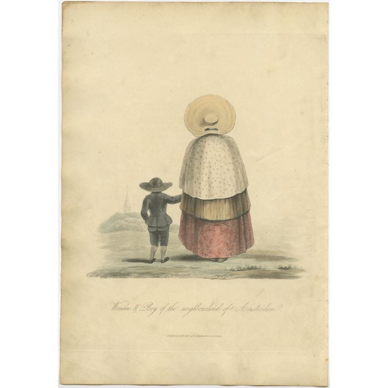 Antique costume print titled 'Woman & Boy of the neighbourhood of Amsterdam'. Old costume print depicting a woman and child from the region of Amsterdam. This print originates from 'The Costume of the Netherlands displayed in thirty coloured
