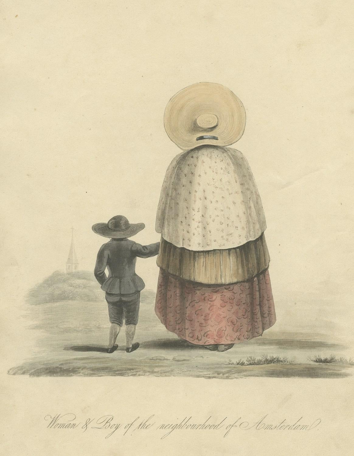 Paper Antique Print of a Woman and Boy of Amsterdam in the Netherlands, 1817 For Sale