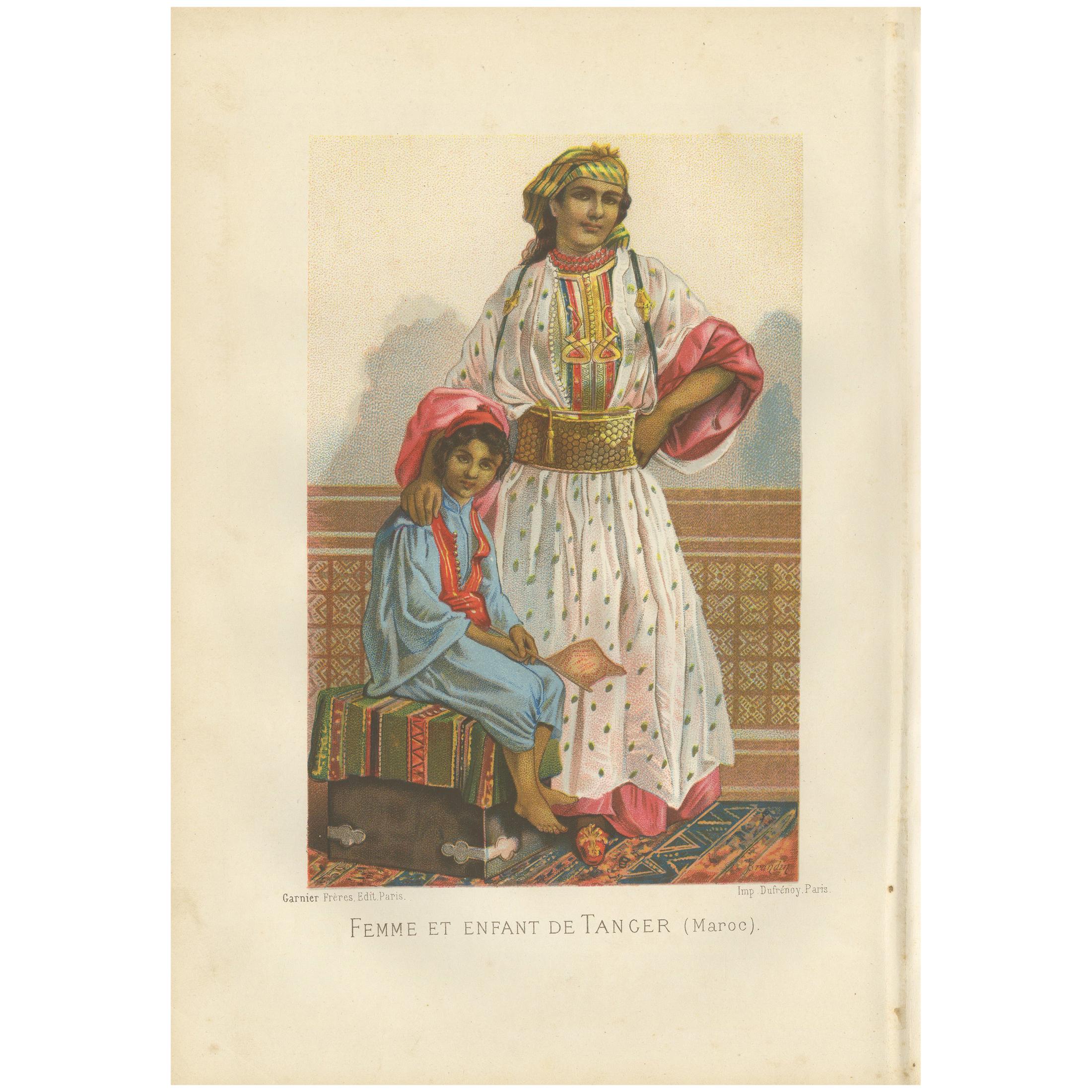 Antique Print of a Woman and Child of Tangier by Grégoire '1883' For Sale