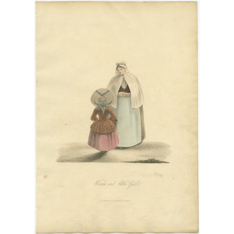 Antique costume print titled 'Woman and little Girl'. Old costume print depicting a woman and little girl from the Netherlands. This print originates from 'The Costume of the Netherlands displayed in thirty coloured engravings'. 

Artists and