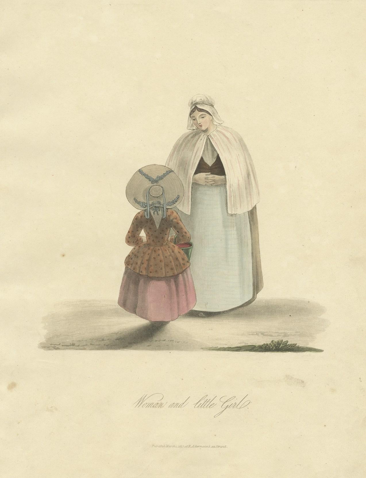19th Century Antique Print of a Woman and Little Girl in Traditional Dutch Costume, 1817 For Sale