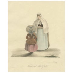Impression ancienne d'une femme et d'une petite fille dans une robe traditionnelle néerlandaise, 1817