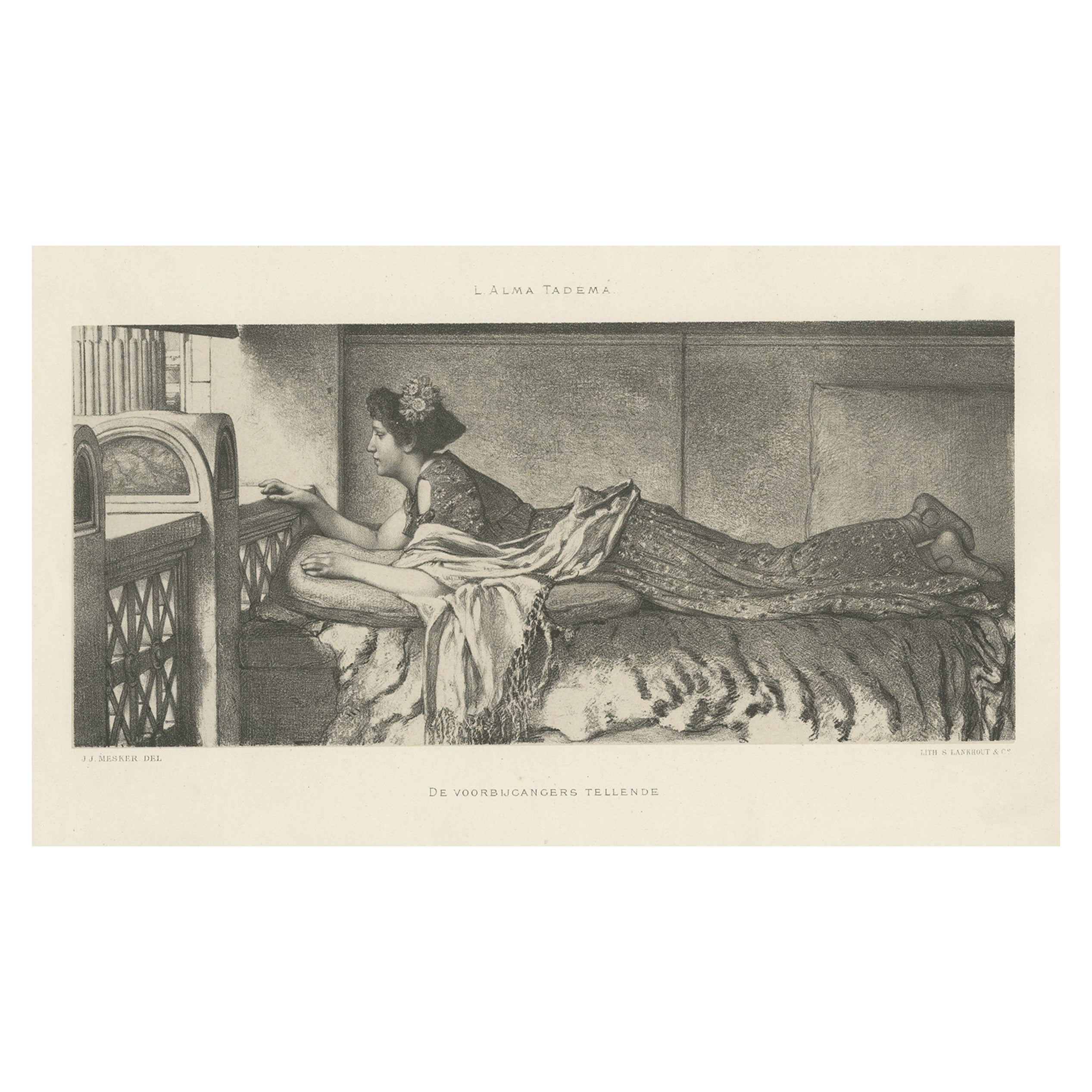 Impression ancienne d'une femme counting Passerby's d'après une œuvre d'Alma Tadema, vers 1890