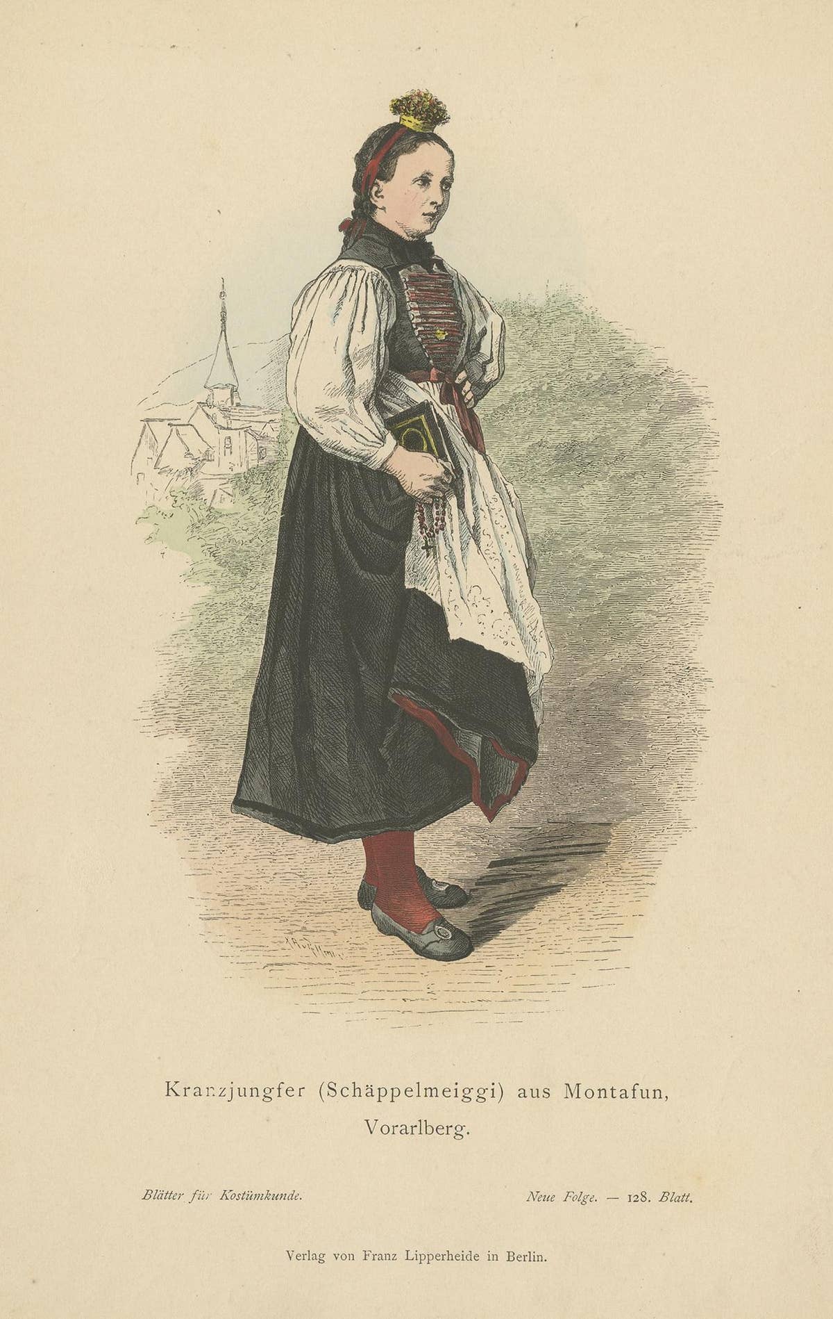 Antique Print of a Woman from Montafon in Winter Costume, circa 1880