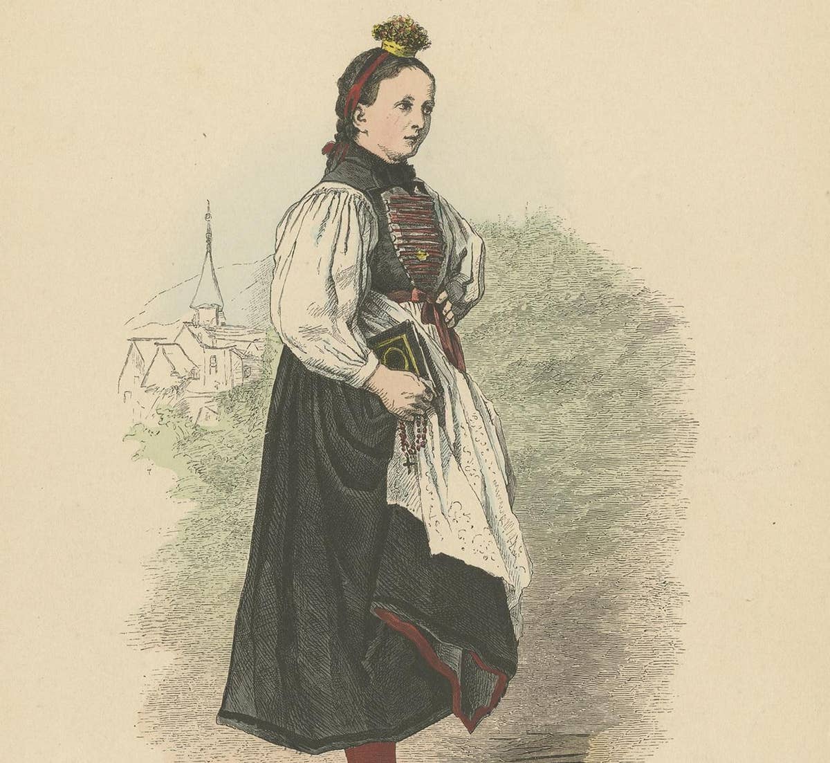 Antique Print of a Woman from Montafon in Winter Costume, circa 1880