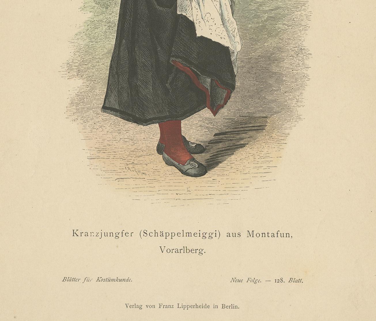 Antique Print of a Woman from Montafon in Winter Costume, circa 1880 In Good Condition For Sale In Langweer, NL