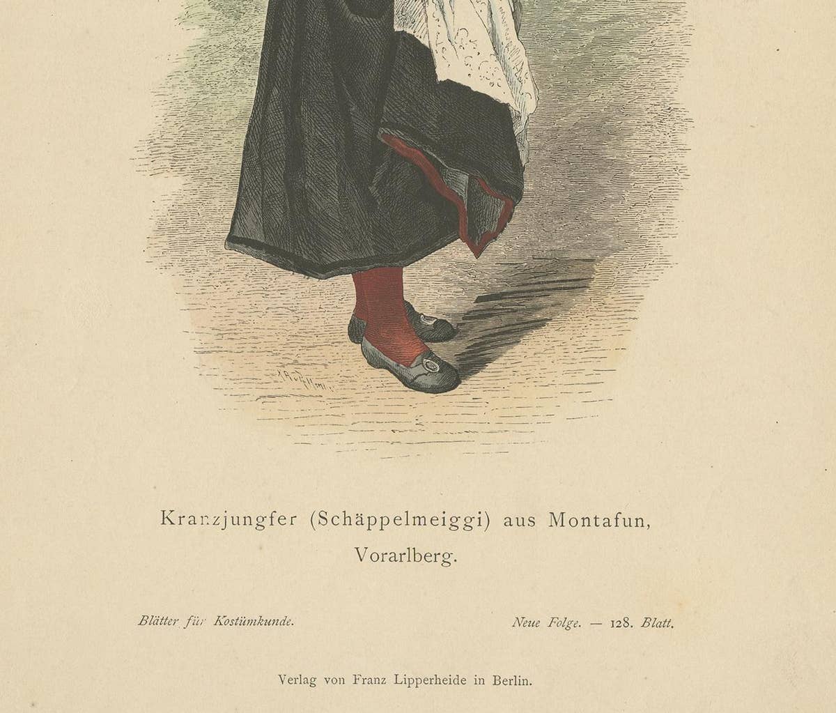 Antique Print of a Woman from Montafon in Winter Costume, circa 1880