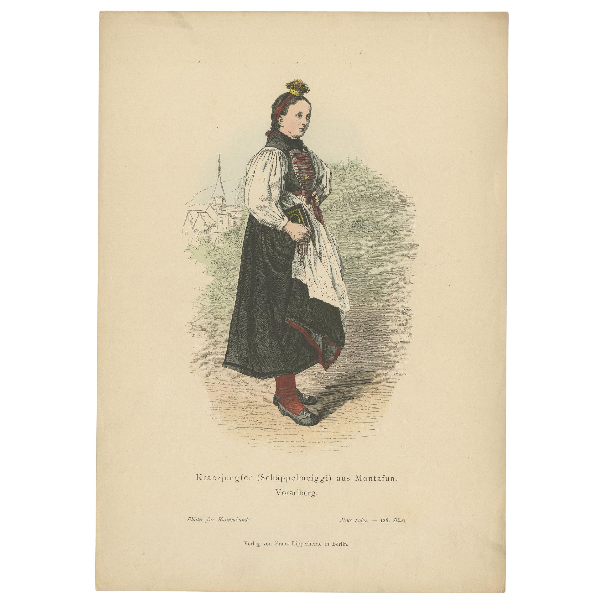 Estampa antigua de una mujer de Montafon en traje de invierno, hacia 1880