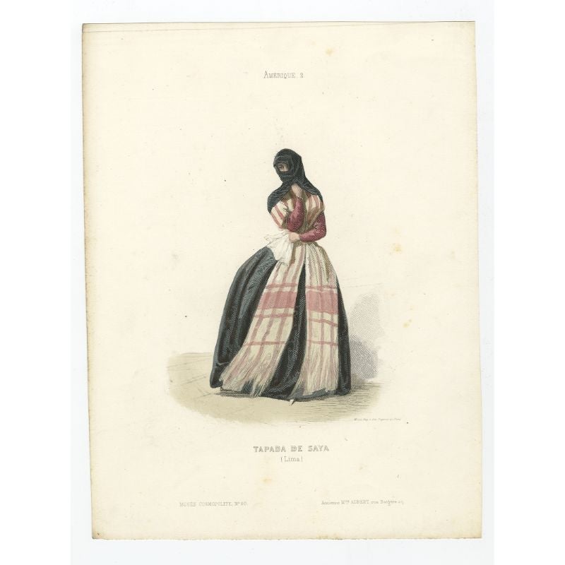 Antique costume print titled 'Tapada de Saya'. Old print depicting a woman from Lima, wearing a Saya dress. This print originates from 'Costumes Moderne (Musée de Costumes). 

Artists and Engravers: Published in Paris: Ancienne Maison