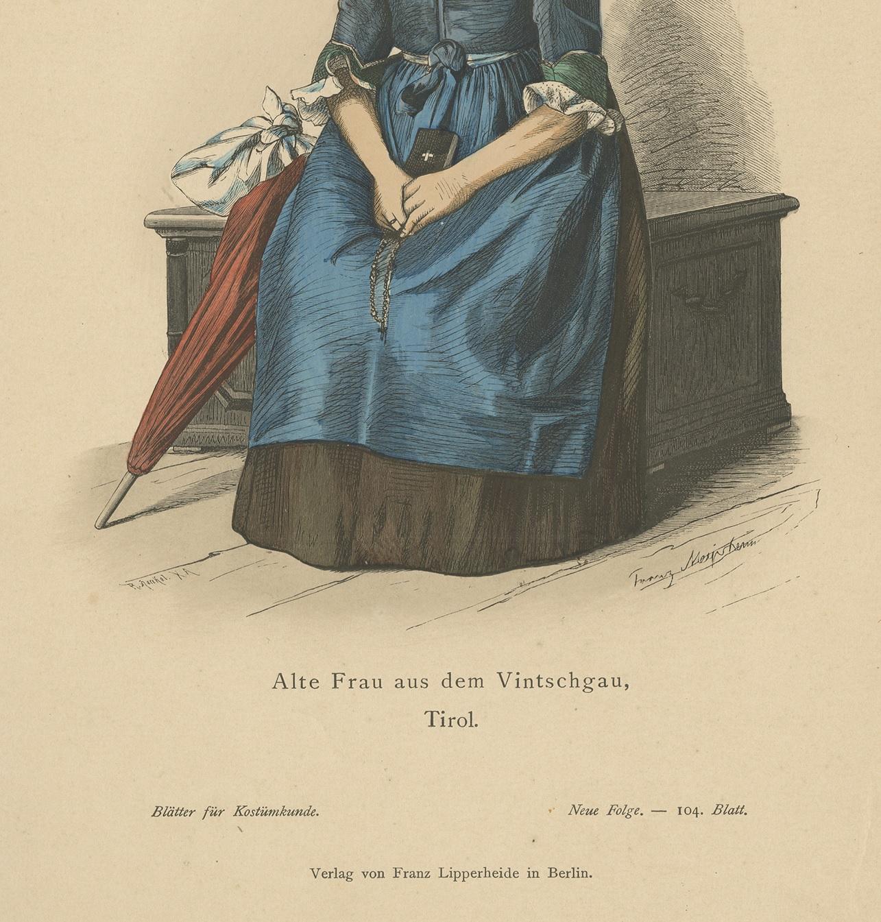19th Century Antique Print of a Woman from Vinschgau / Tyrol, circa 1880 For Sale