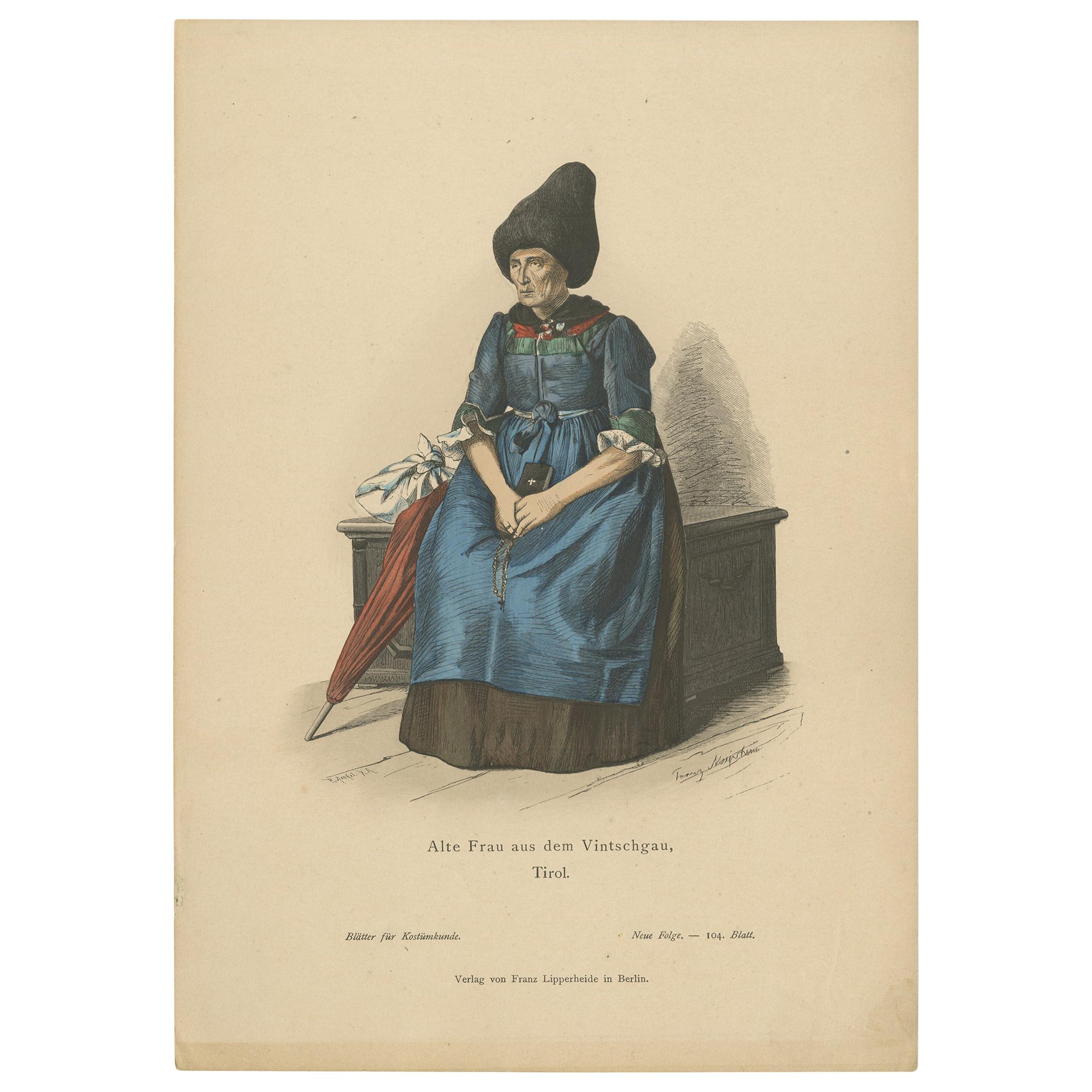 Antique Print of a Woman from Vinschgau / Tyrol, circa 1880 For Sale