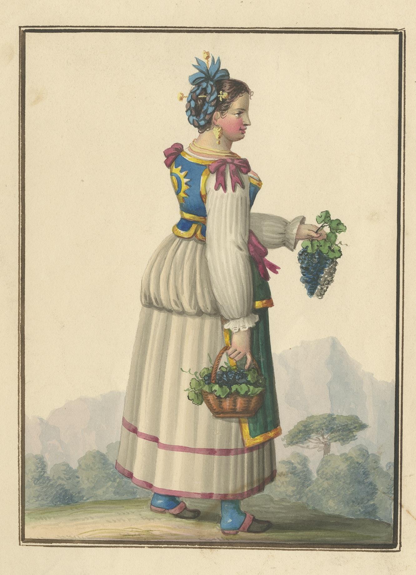 Antique print of a woman harvesting grapes. Source unknown, to be determined.