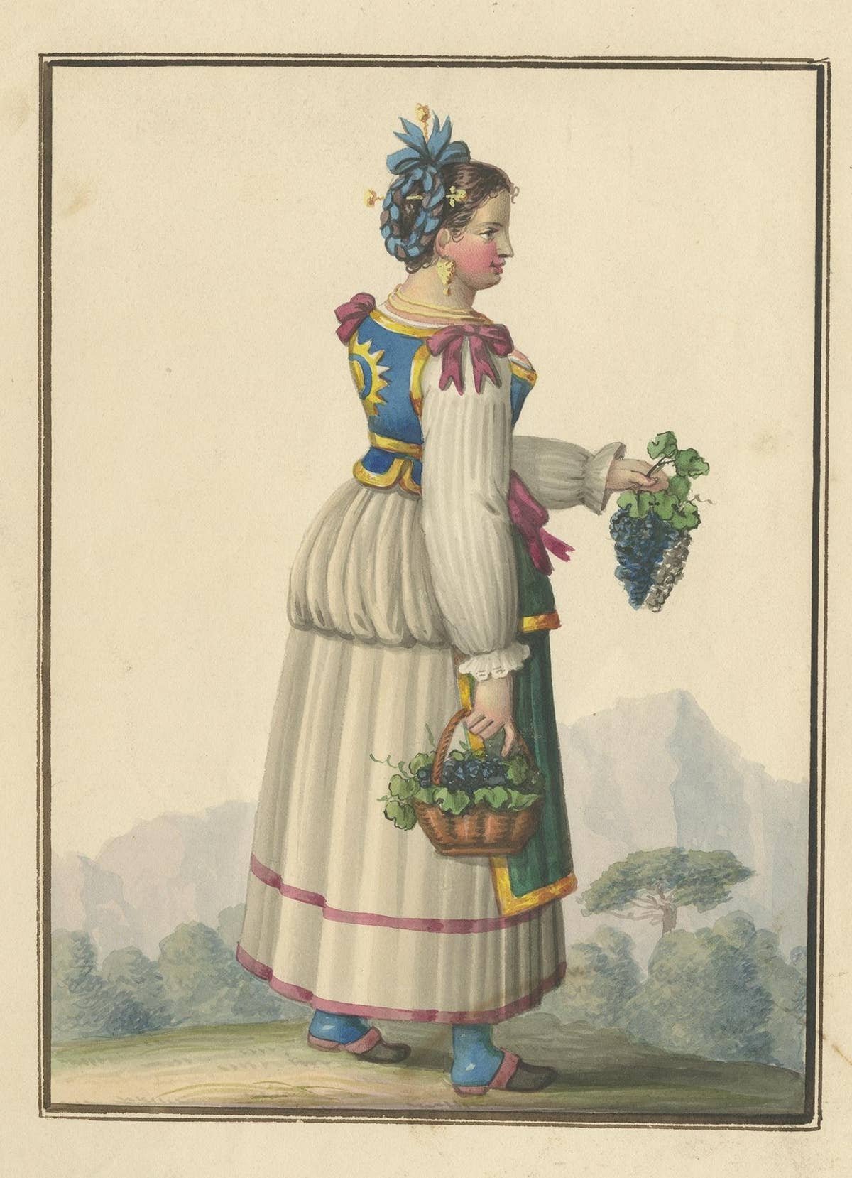 Antique Print of a Woman Harvesting Grapes 'circa 1880'