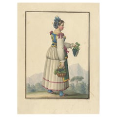 Antique Print of a Woman Harvesting Grapes 'circa 1880'