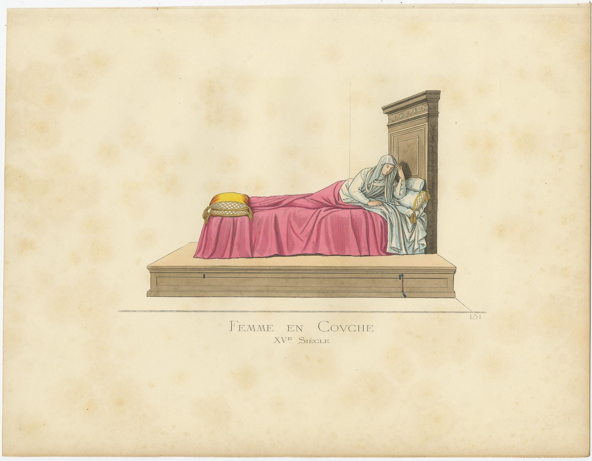 Antique print titled ‘Femme en Couche, XVe Siecle.’ Original antique print of a woman in bed, Italy 15th century. This print originates from 'costumes historiques de femmes du XIII, XIV et XV siècle' by C. Bonnard. Published, 1860.