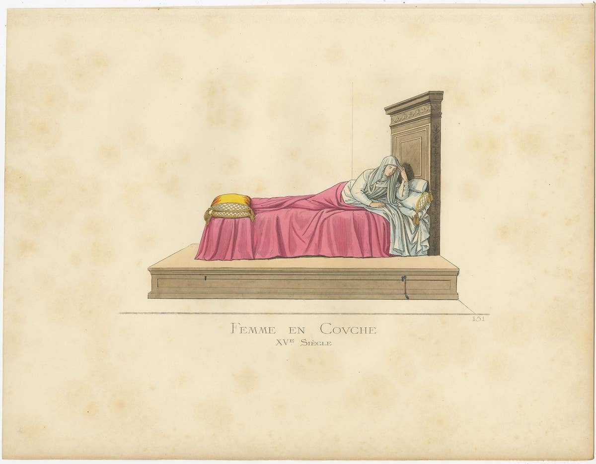Antique Print of a Woman in Bed, Italy 15th Century, by Bonnard, 1860