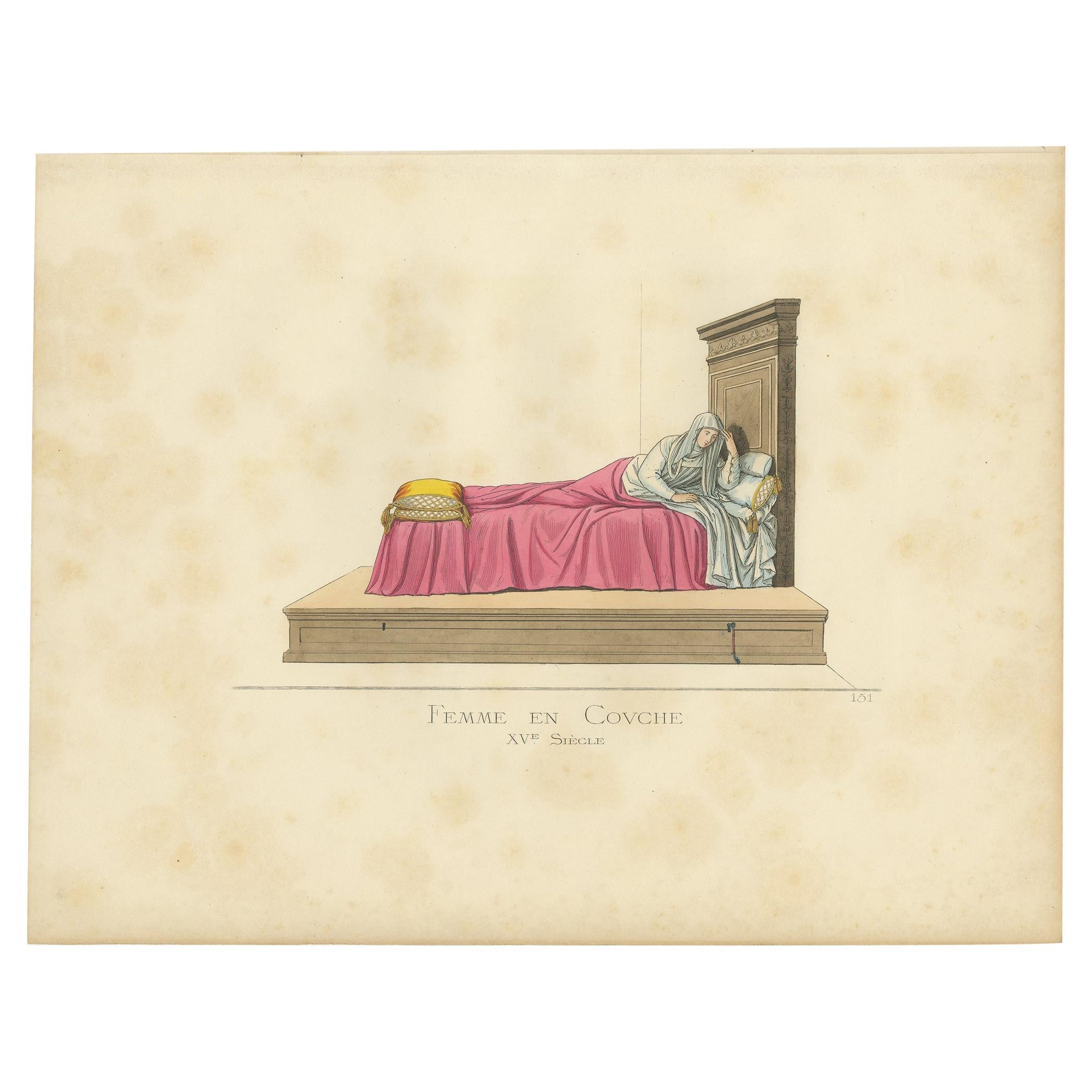 Antique Print of a Woman in Bed, Italy 15th Century, by Bonnard, 1860 For Sale