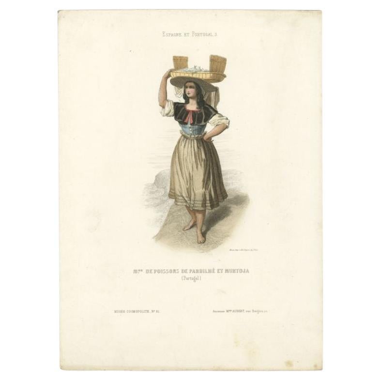 Antique costume print titled 'De poissons de Pardilhe et Murtoja'. Old print depicting a woman with a plate of fish on top of her head. This print originates from 'Costumes Moderne (Musée de Costumes). 

Artists and Engravers: Published in Paris: