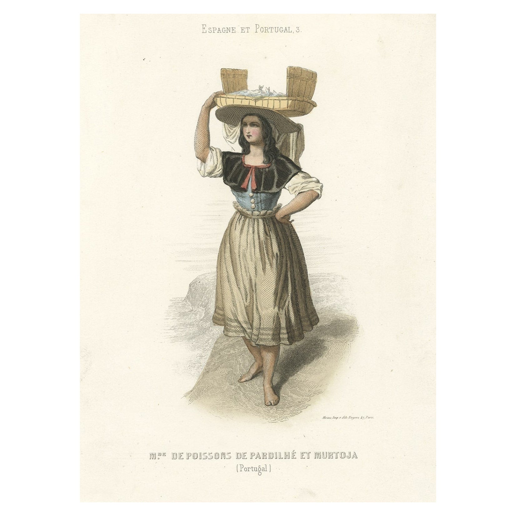 Antiker Druck einer Frau in Portugal, die Fisch verkauft, 1850