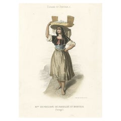 Antiker Druck einer Frau in Portugal, die Fisch verkauft, 1850