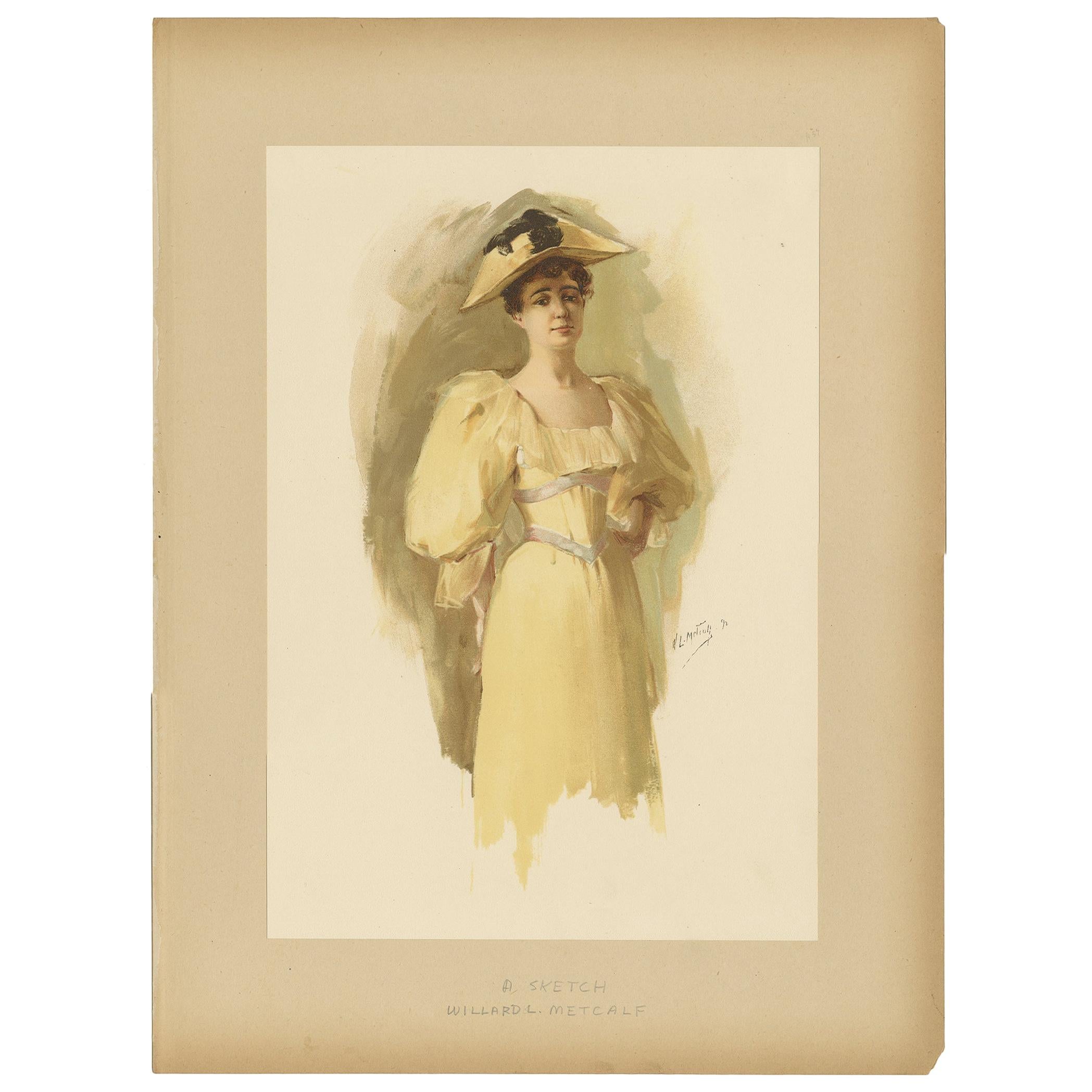 Impression ancienne d'une femme réalisée d'après W.L. Metcalf, vers 1893