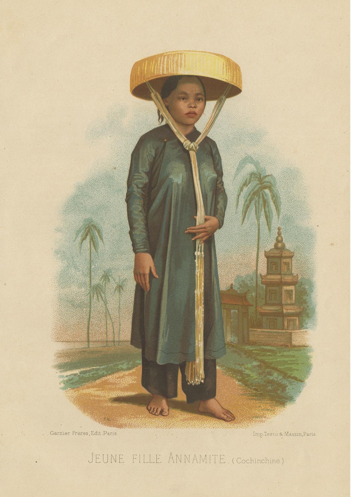Antique print titled 'Jeune Fille Annamite (Cochinchine)'. Lithograph of a young woman of Cochinchina. Cochinchina or Quinam is a region encompassing the southern third of current Vietnam whose principal city is Saigon.