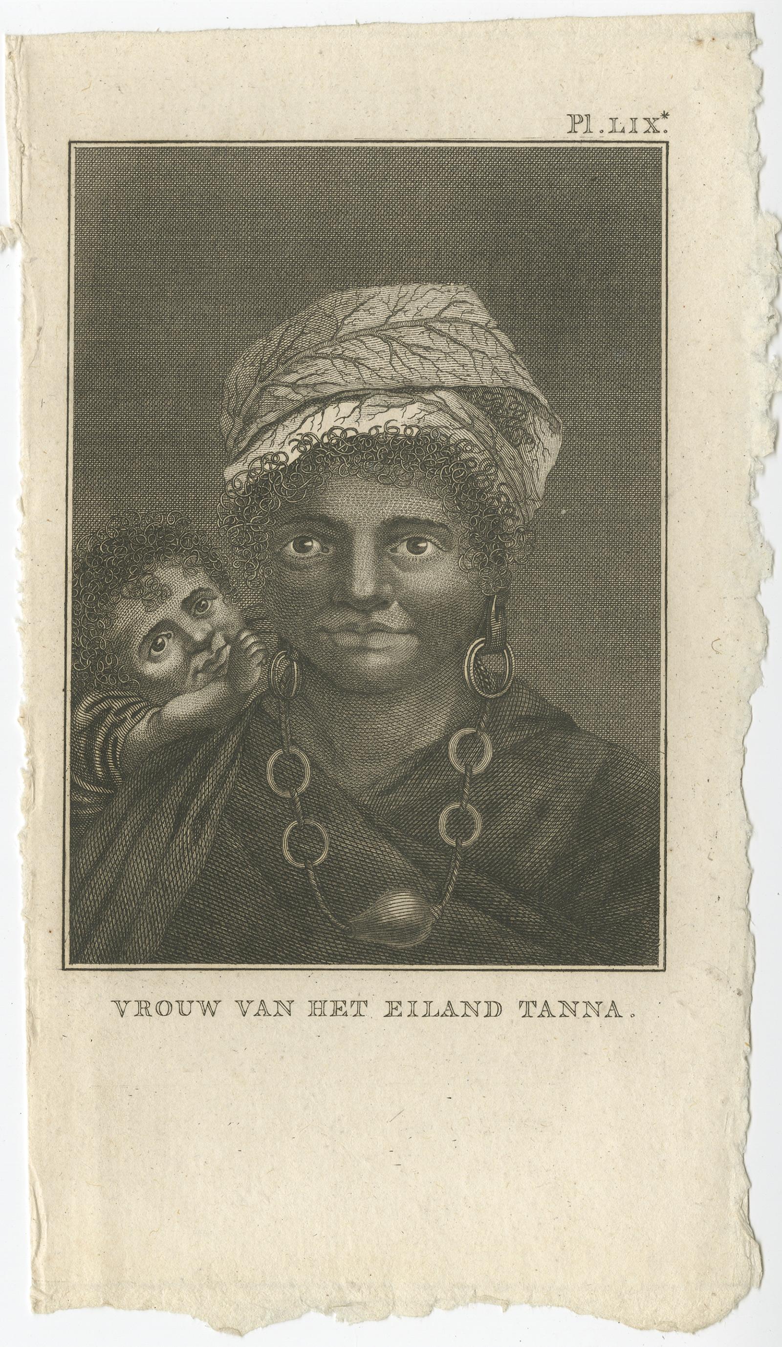 Antique print titled 'Vrouw van het Eiland Tanna'. 

Antique print depicting a Woman of the Island of Tanna, New Hebrides. Originates from 'Reizen Rondom de Waereld door James Cook (..)'. 

Artists and Engravers: Translated by J.D. Pasteur.