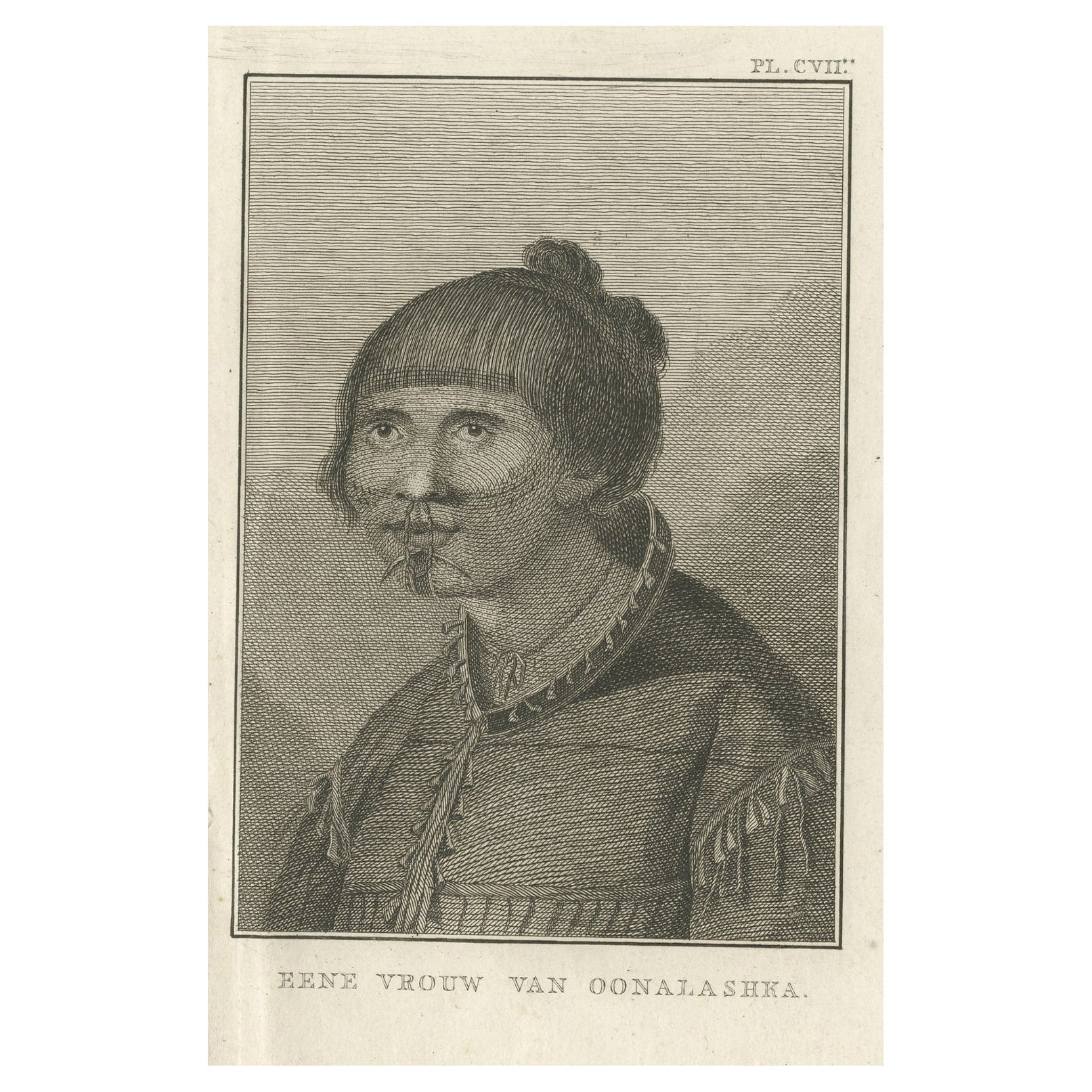 Antiker Druck einer Frau aus Unalaska auf den Aleutianischen Inseln, Alaska, 1803