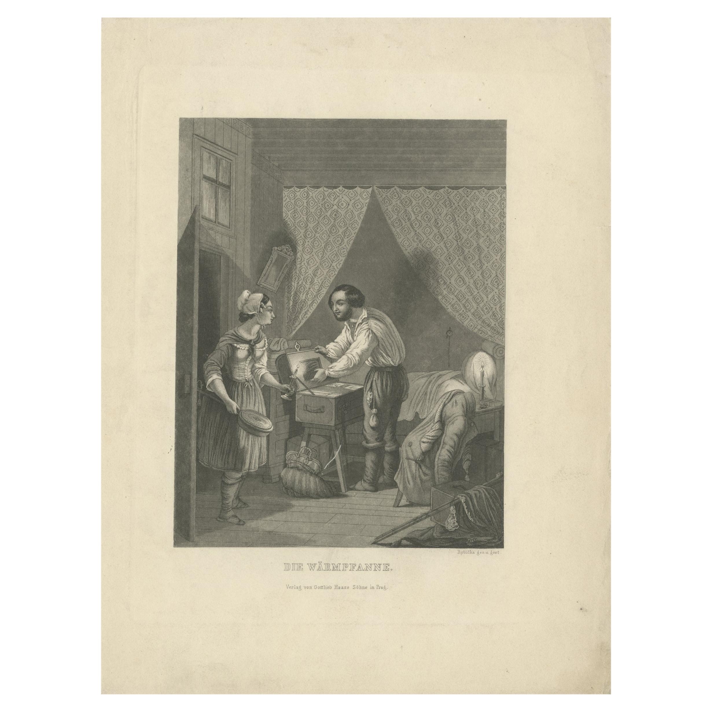 Antique Print of a Woman Preparing a Bed Warmer, 'c.1860' For Sale
