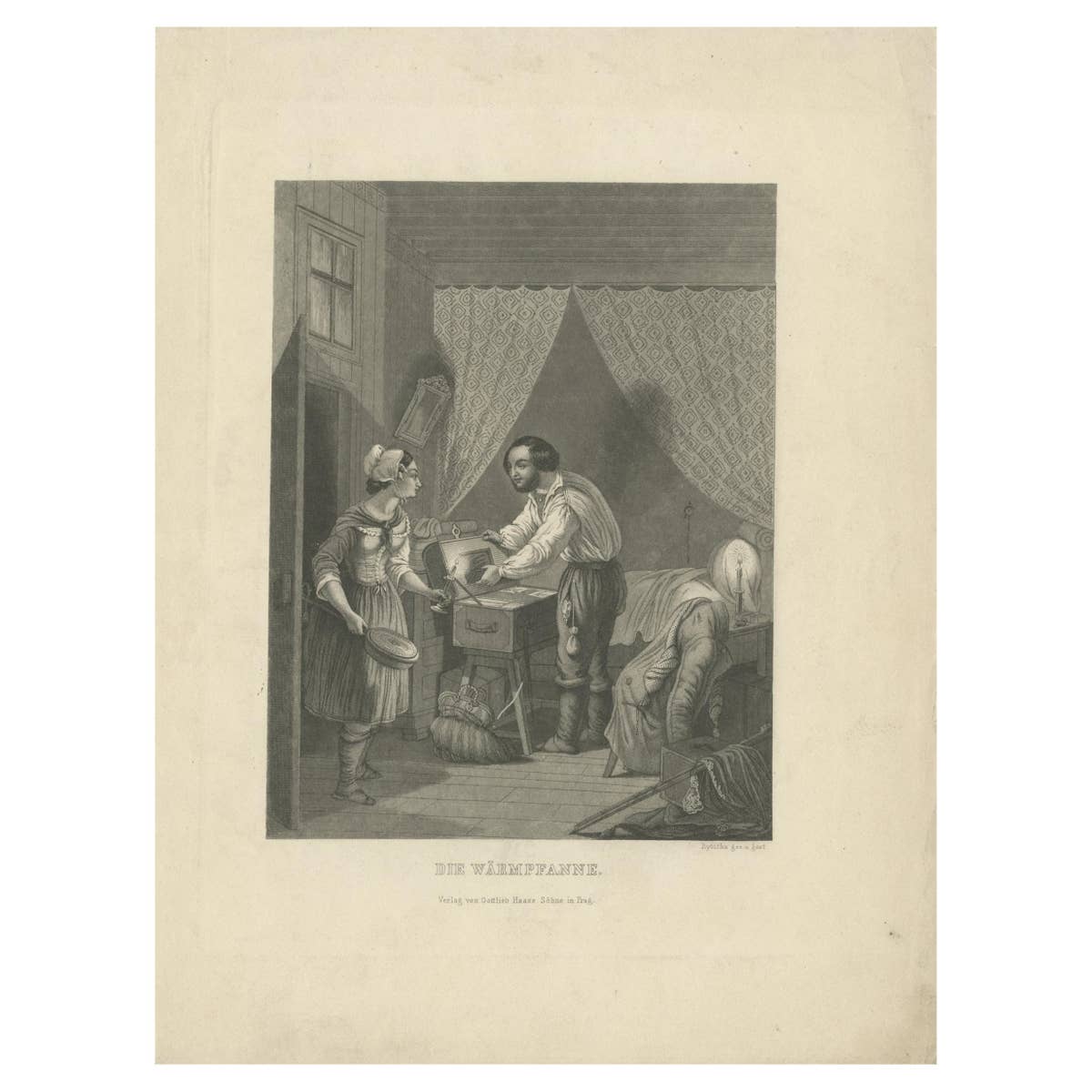 Antique Print of a Woman Preparing a Bed Warmer, 'c.1860'