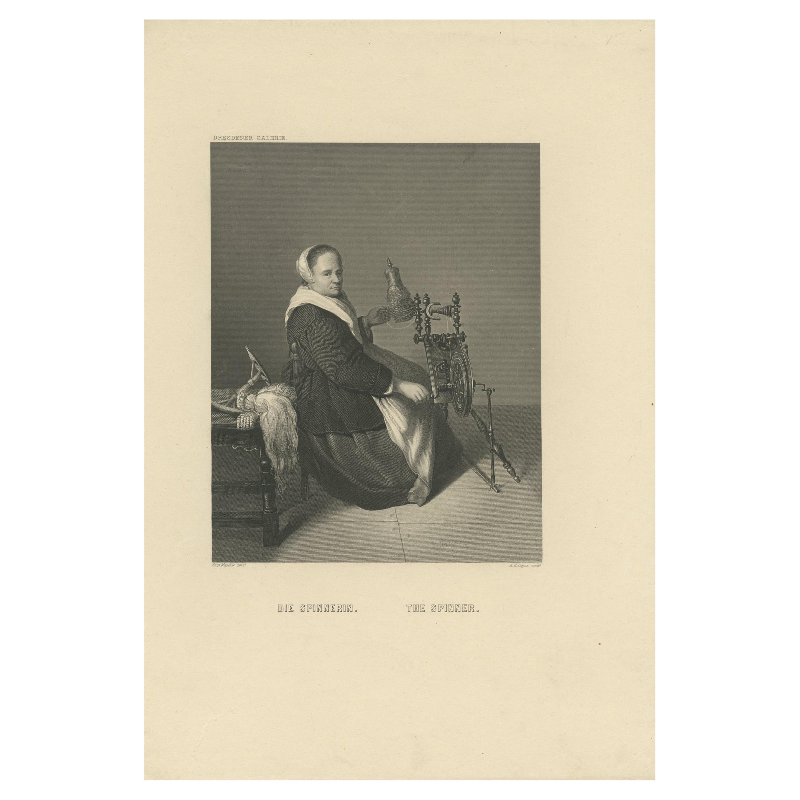 Impression ancienne d'une femme tournant sur une roue tournante par Payne, vers 1850