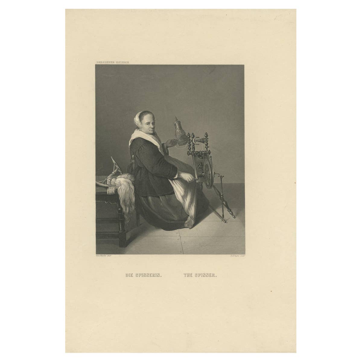 Antique Print of a Woman Spinning on a Spinning Wheel by Payne, 'c.1850'