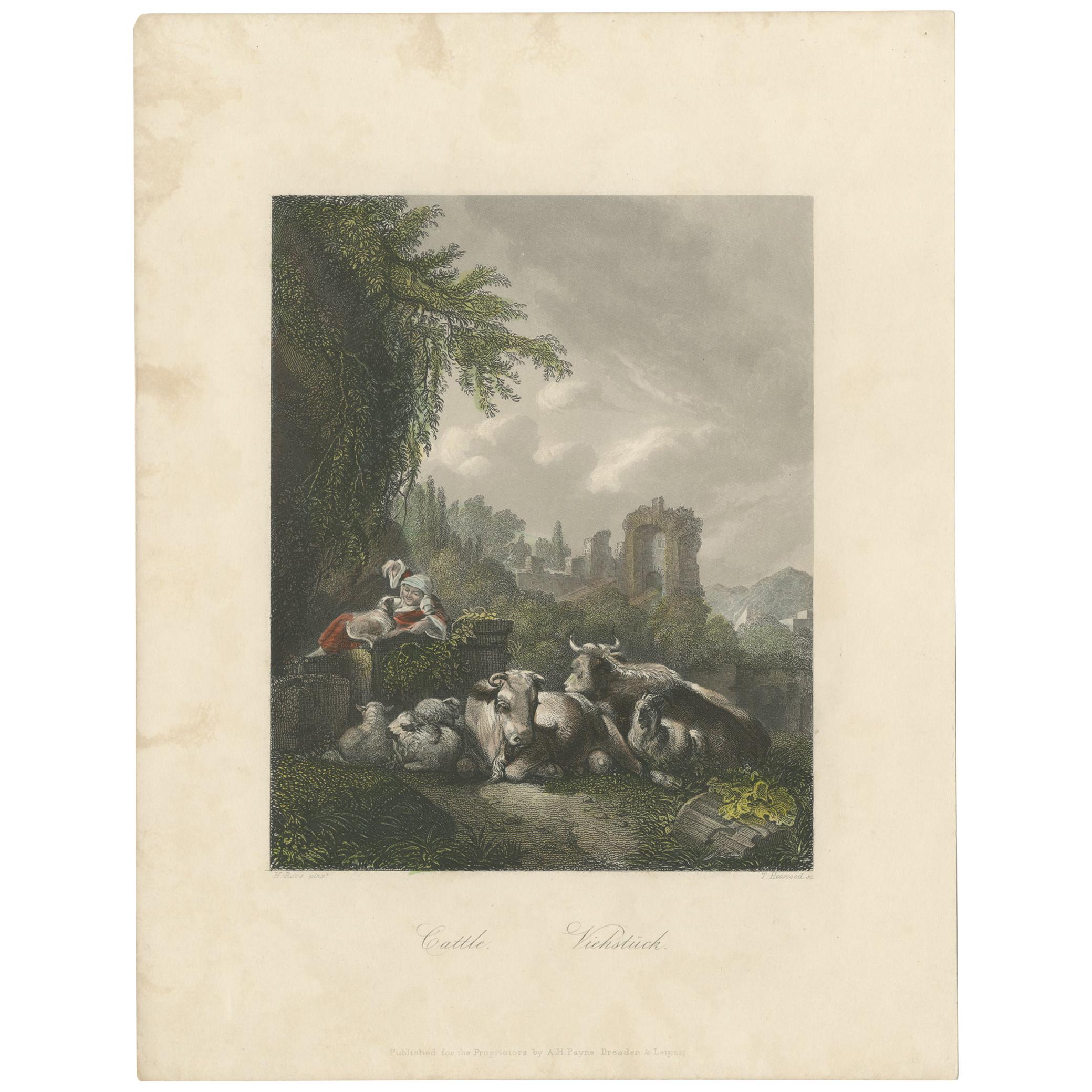 Antique Print of a Woman with a Dog and Cattle by Payne, 'c.1850' For Sale