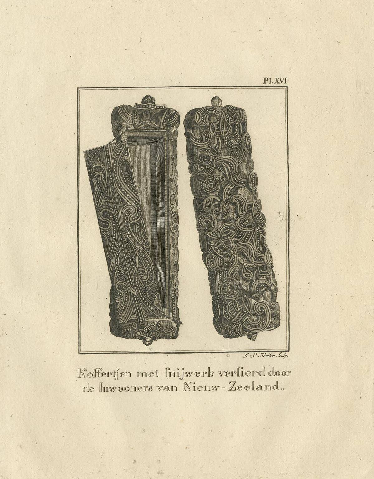 Antique Print of a Wooden Box from New Zealand by Cook, 1803