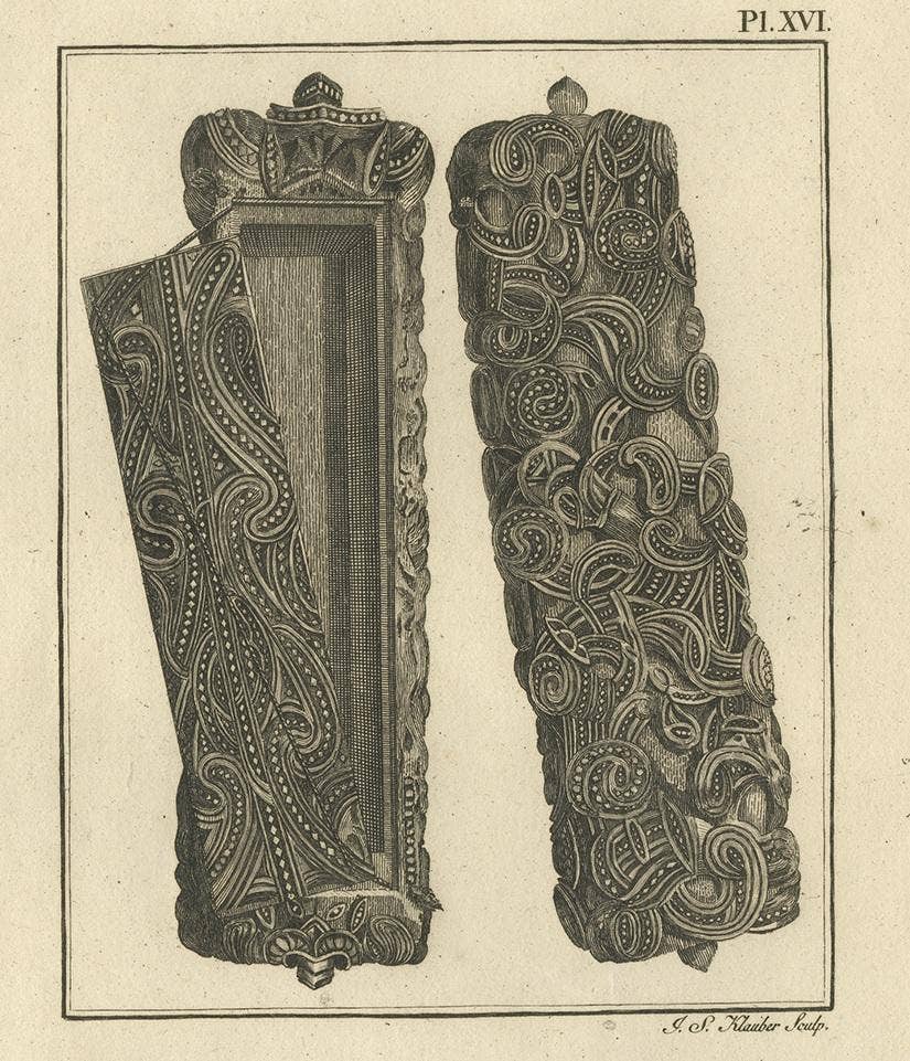 Antique Print of a Wooden Box from New Zealand by Cook, 1803