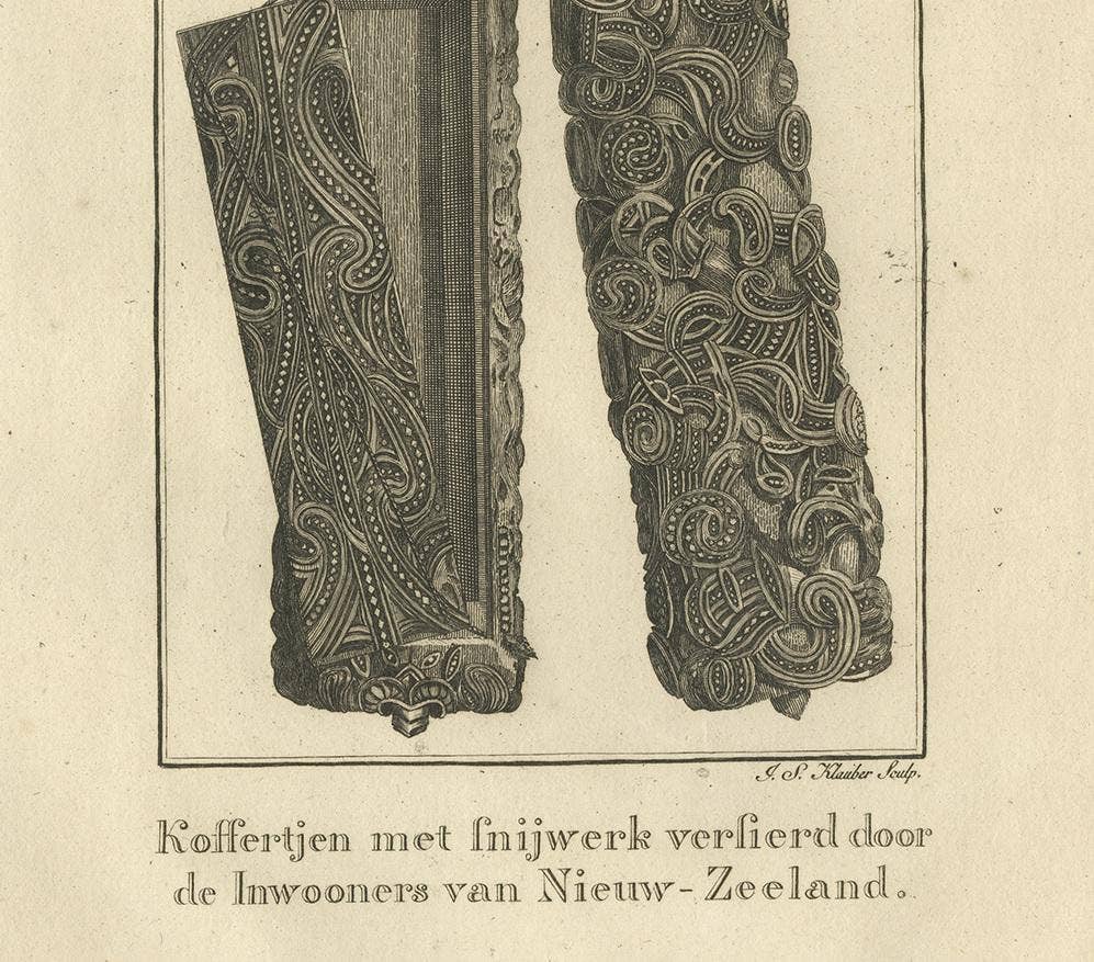 Antique Print of a Wooden Box from New Zealand by Cook, 1803