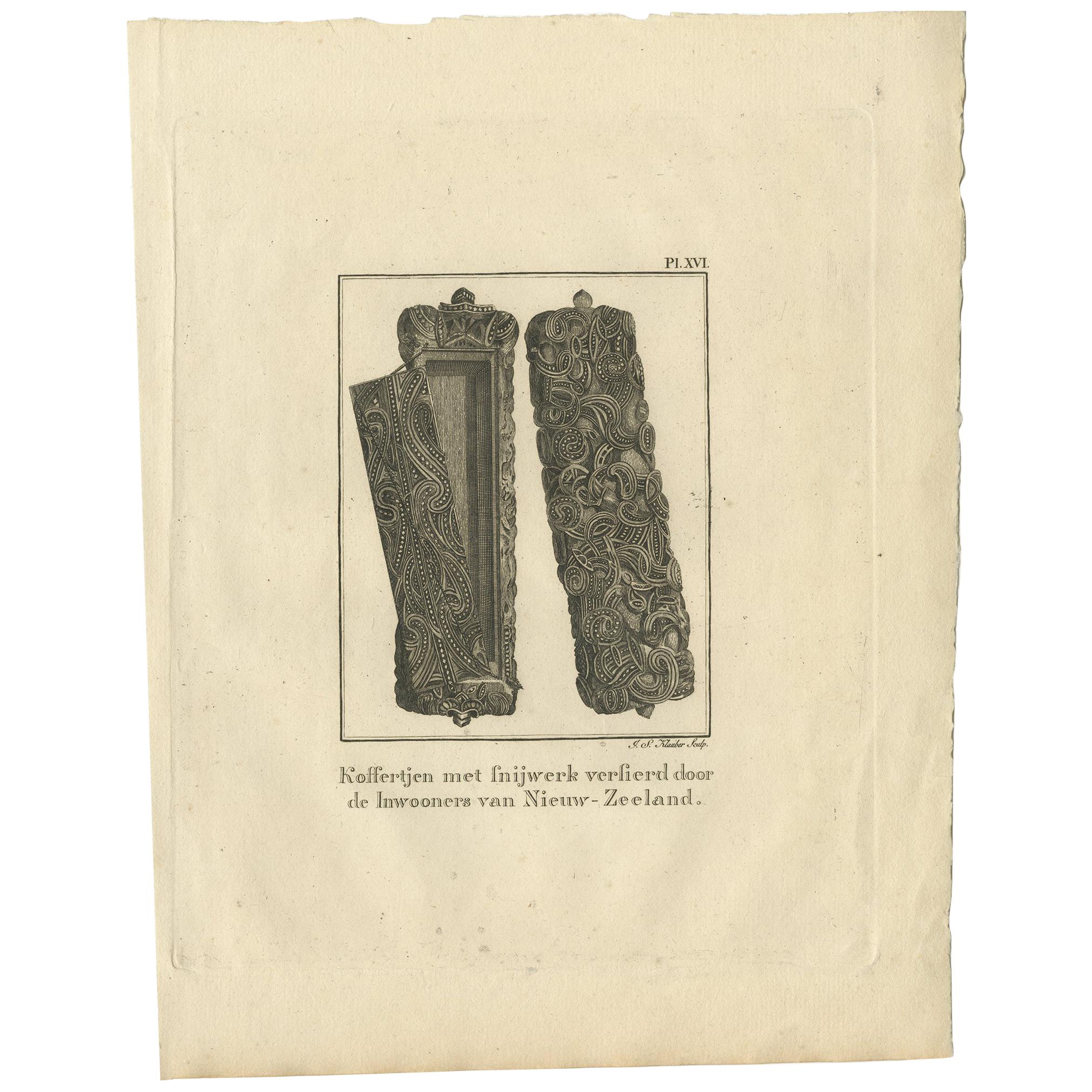 Impression ancienne d'une boîte en bois de Nouvelle-Zélande par Cook, 1803 en vente