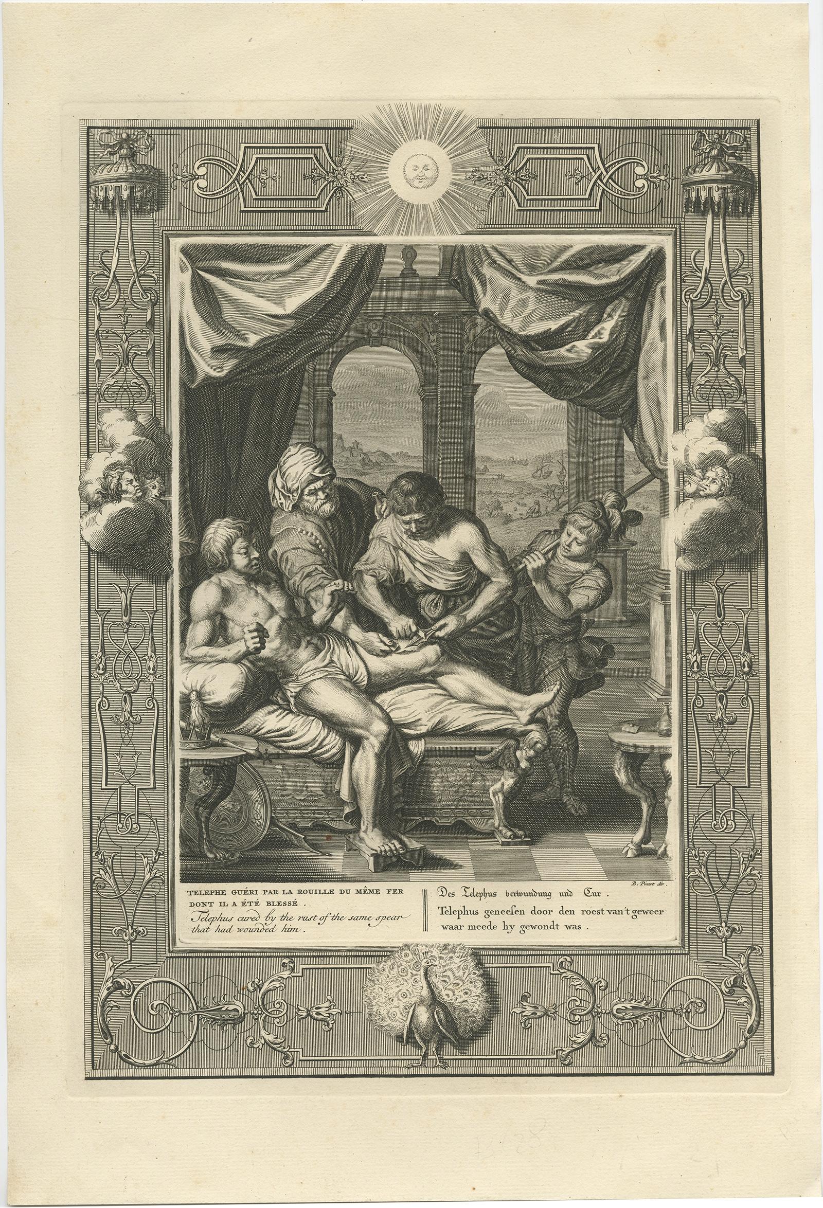 Antique print titled 'Telephe Guéri par la Rouille (..)'. 

This print depicts Telephus cured by the rust of the same spear that had wounded him. Telephos was one of the Heraclidae, the sons of Heracles, who were venerated as founders of cities.