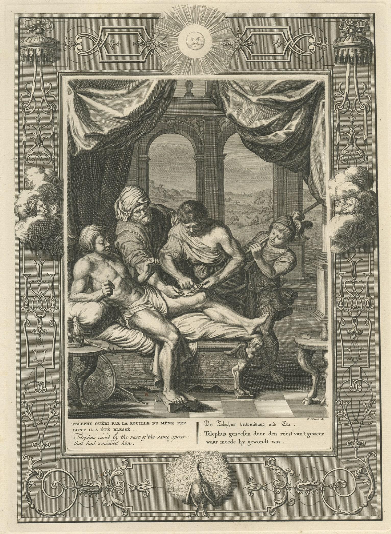 Antique Print of a Wounded Telephos, After Consulting the Oracle of Delphi, 1733 In Good Condition For Sale In Langweer, NL