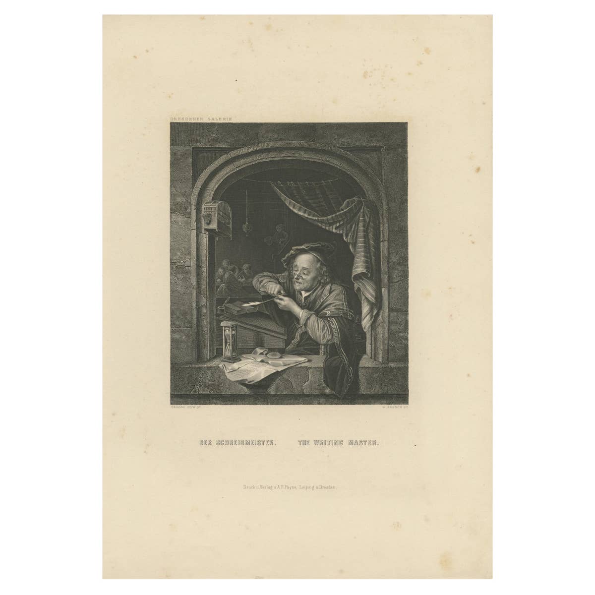 Antique Print of a Writing Master by Payne, c.1850