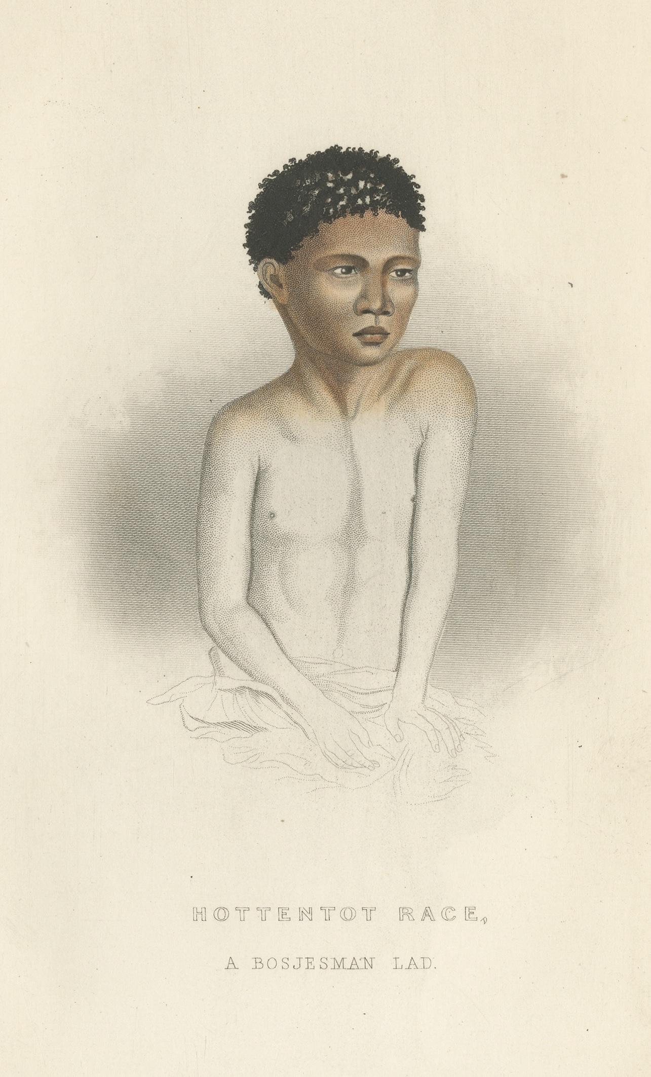 Impression ancienne. Buste d'un jeune garçon du peuple San (Bosjesman ou Bushman lad), Afrique du Sud. Cette gravure provient de 