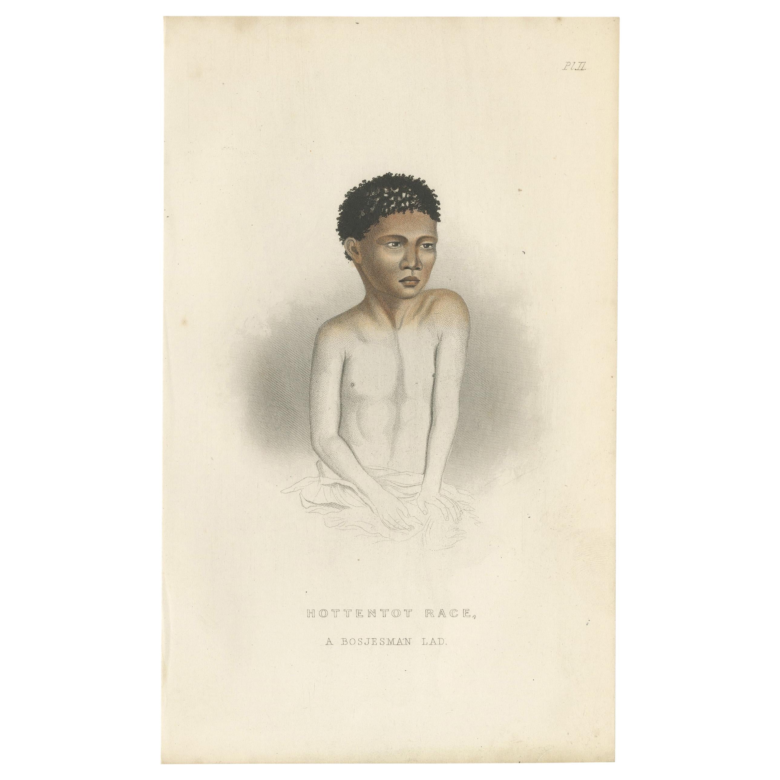 Gravure ancienne d'un jeune garçon du peuple San par Pickering:: 1850 en vente