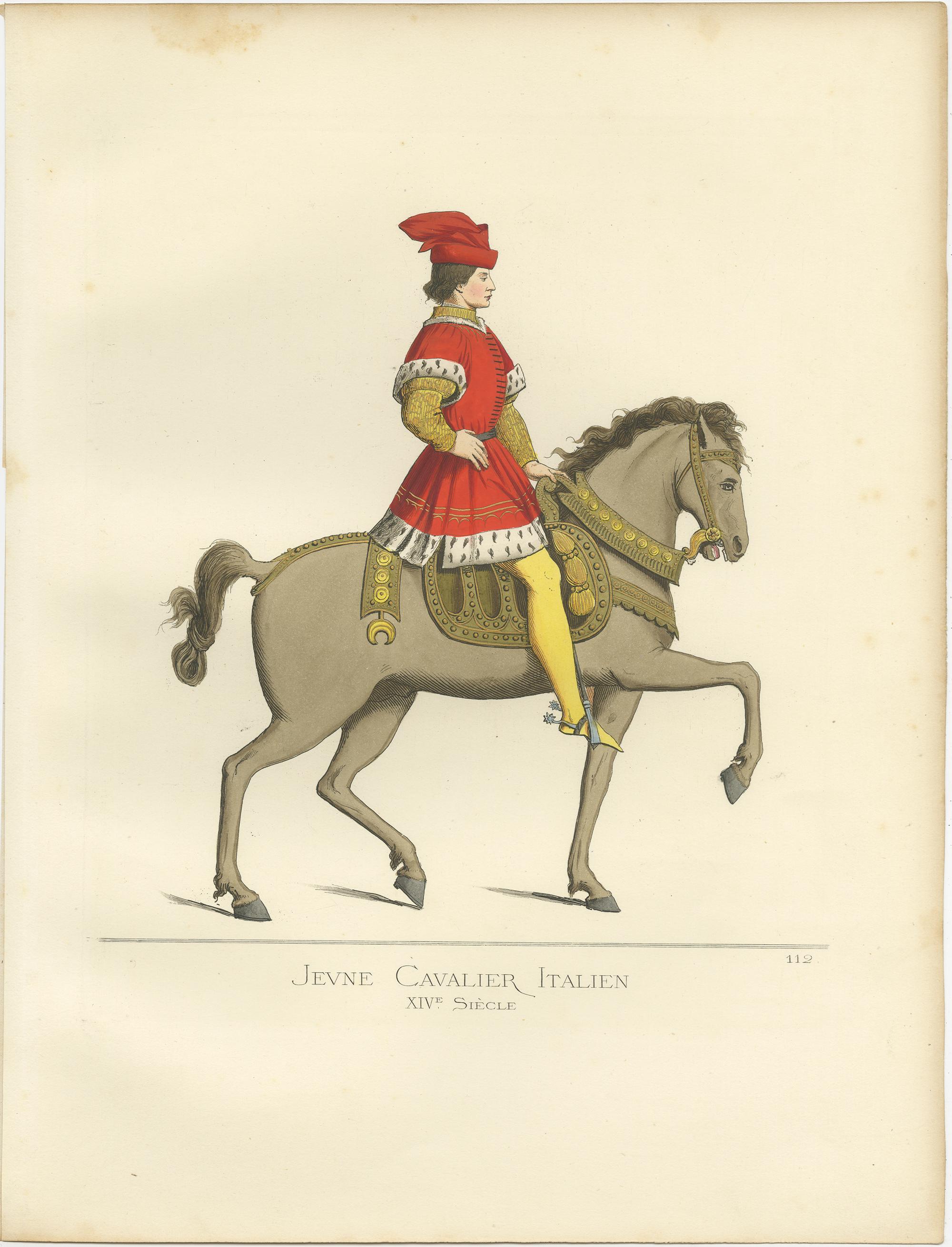 Antique Print of a Young Cavalryman, Italy, 14th Century, by Bonnard, 1860 In Good Condition For Sale In Langweer, NL