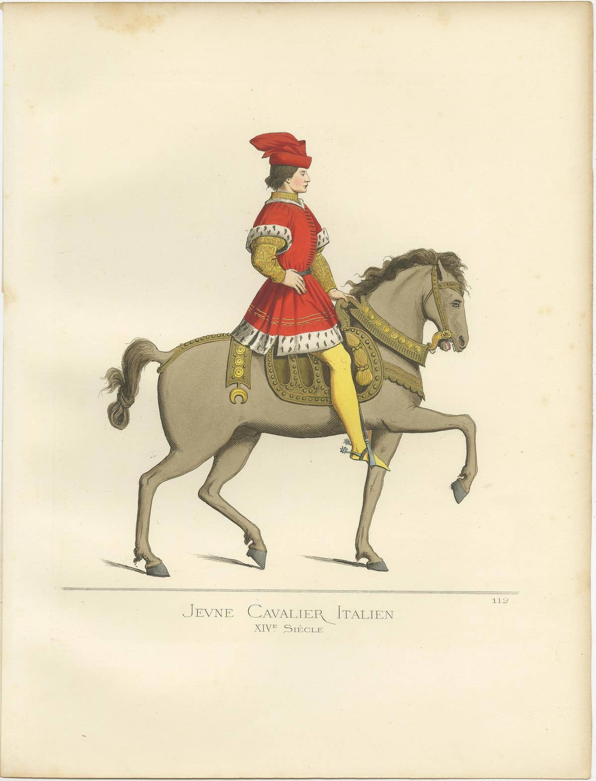 Antique Print of a Young Cavalryman, Italy, 14th Century, by Bonnard, 1860