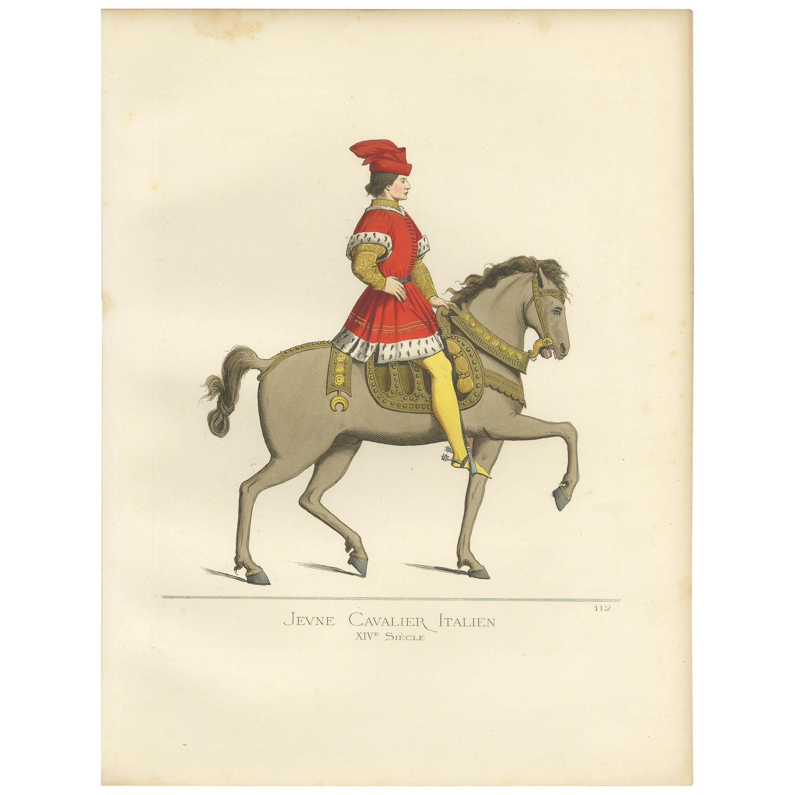 Antique Print of a Young Cavalryman, Italy, 14th Century, by Bonnard, 1860 For Sale