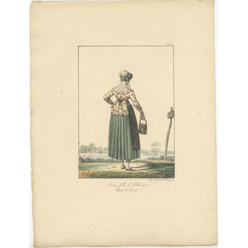 Antique print titled 'Jeune fille d'Alkmaer'. Old print depicting a young girl from Alkmaar, the Netherlands. This print is part of a series of European Costume by Lecomte.

Artists and Engravers: Published by F. Delpech. 

Condition: Very good,